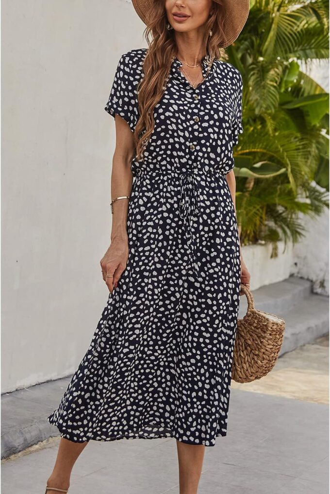 BROVAVE Women's Summer Polka Dot Print Shirt Dress Vintage Short Sleeve Button Down Midi Dress – Bild 4