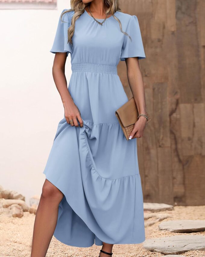 PRETTYGARDEN Women's Summer Casual Short Flutter Sleeve Round Neck Smocked Waist Tiered Boho Floral Flowy Maxi Dress – Bild 8
