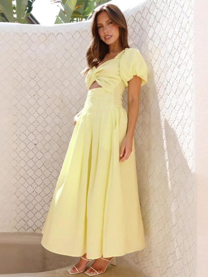 Women's Summer Off The Shoulder Dresses Puff Sleeve Twist Front Cut Out A-Line Dress Casual Maxi Dress with Pockets – Bild 4