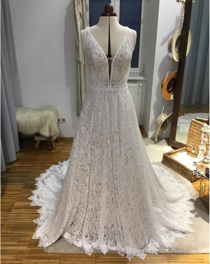 WIOJEIGO Women's Lace Boho Wedding Dress for Bride with Double Shoulders 2025 Bohemian Long A-Line Beach Bridal Gowns – Bild 7