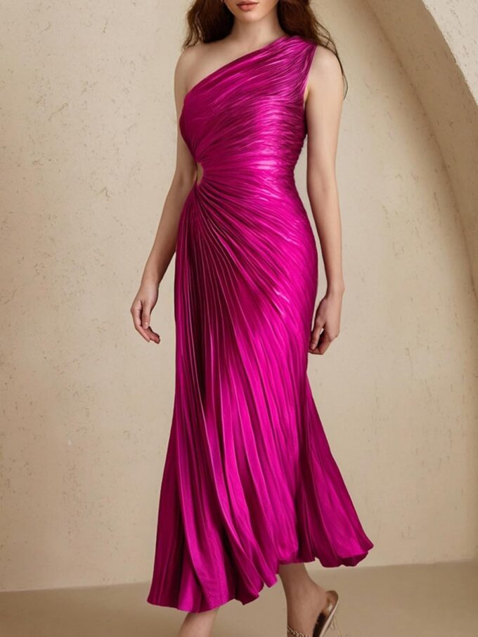 Women's Pleated One Shoulder Satin Dress Cut Out Sleeveless Asymmetrical Maxi Dresses – Bild 3