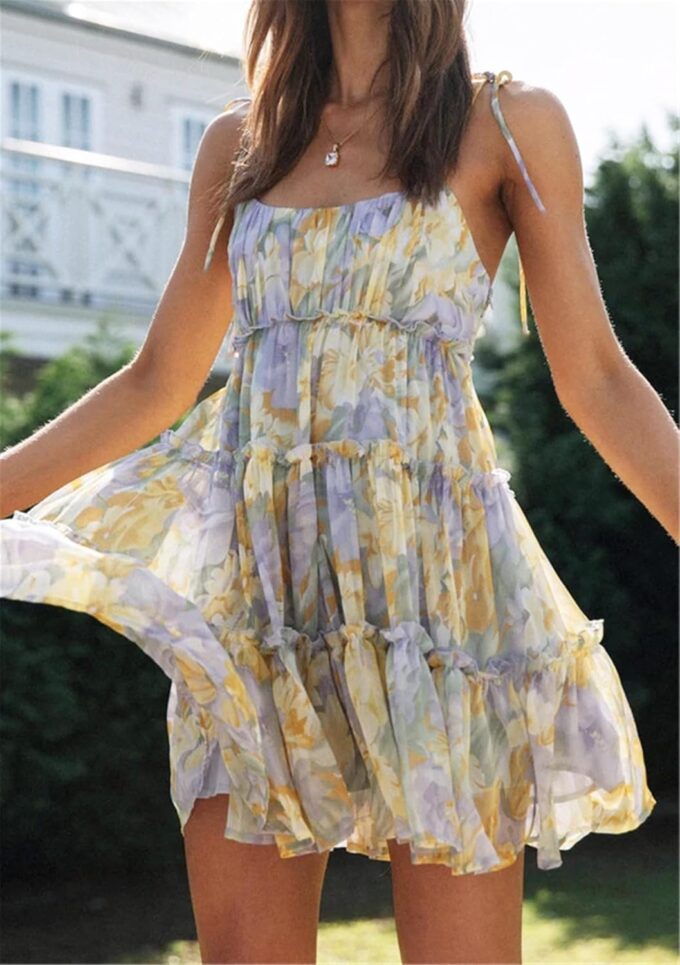 AELSON Sundresses for Women 2025 Floral Summer Dress Boho Flowy Cute Dresses Spaghetti Strap Sleeveless Ruffle Mini Dress – Bild 4
