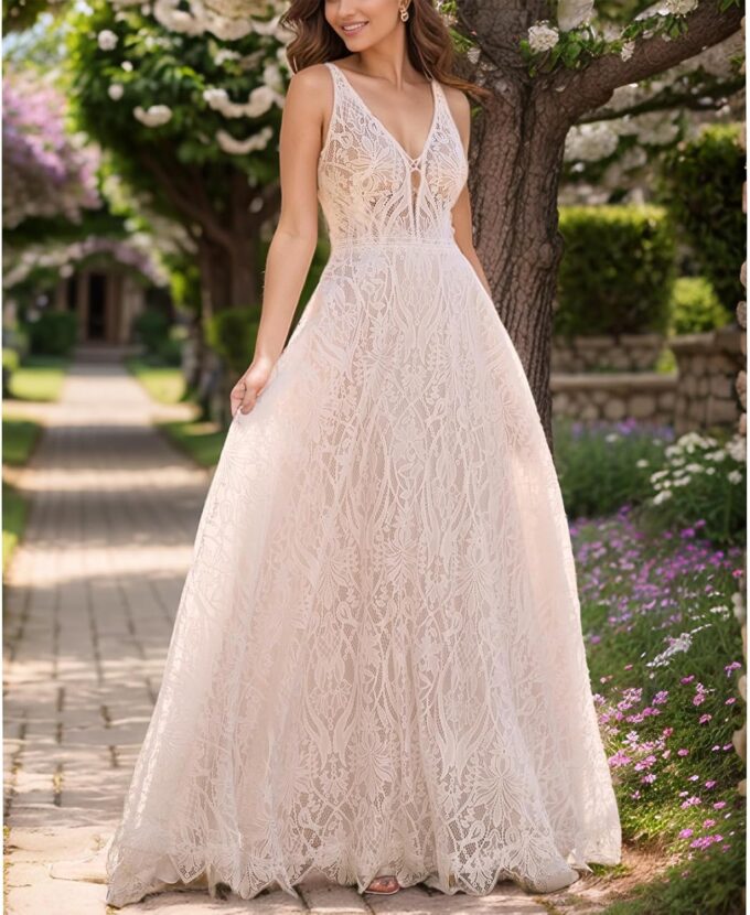 WIOJEIGO Women's Lace Boho Wedding Dress for Bride with Double Shoulders 2025 Bohemian Long A-Line Beach Bridal Gowns – Bild 3