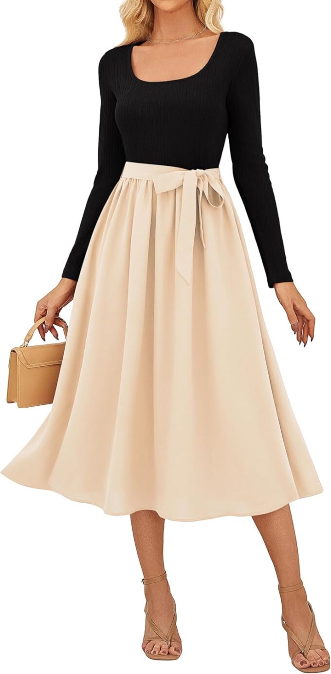 GRACE KARIN Langärmeliges Damen-Midikleid 2025, lässig, quadratischer Ausschnitt, gestrickt, A-Linie, fließend, elegant, zum Ausgehen