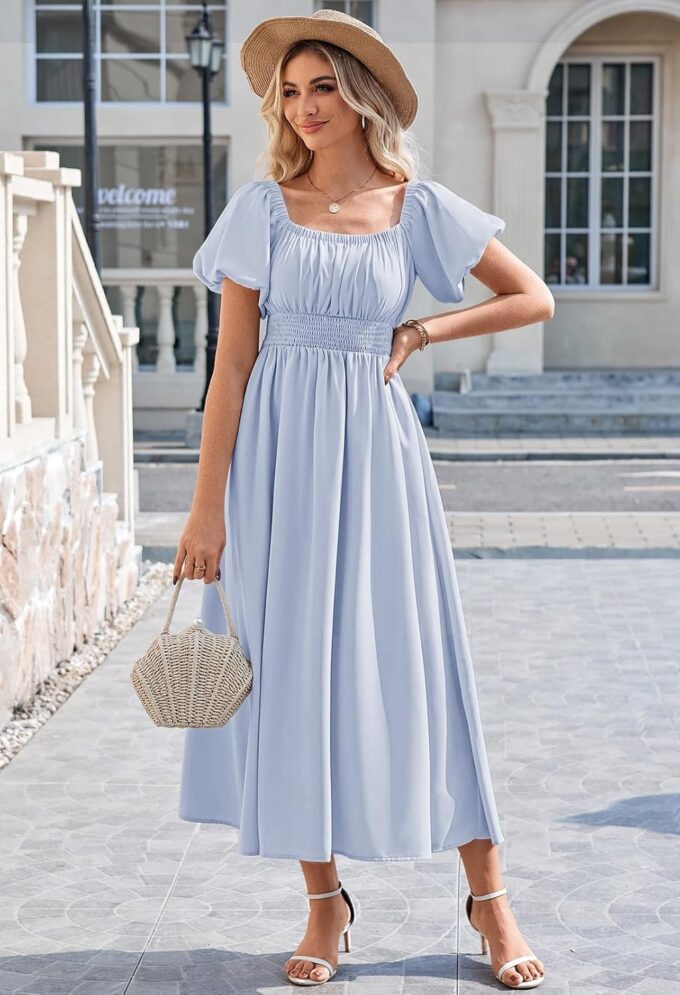 Linsery Women's Summer Square Neck Short Puff Sleeve Casual Smocked Flowy A Line Midi Dress – Bild 5
