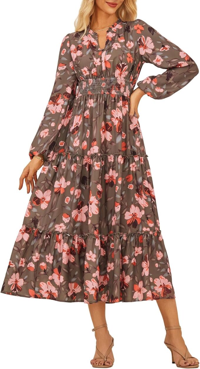 GRACE KARIN Women's Floral Maxi Dress Long Sleeve V Neck Casual A Line Spring Fall Winter Flowy Tiered Dresses with Pockets