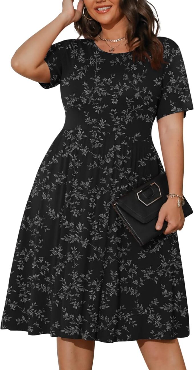 POSESHE Womens Plus Size Summer Dress 2025 Casual Short Sleeve Empire Waist Loose Fit Swing T-Shirt Dress with Pockets