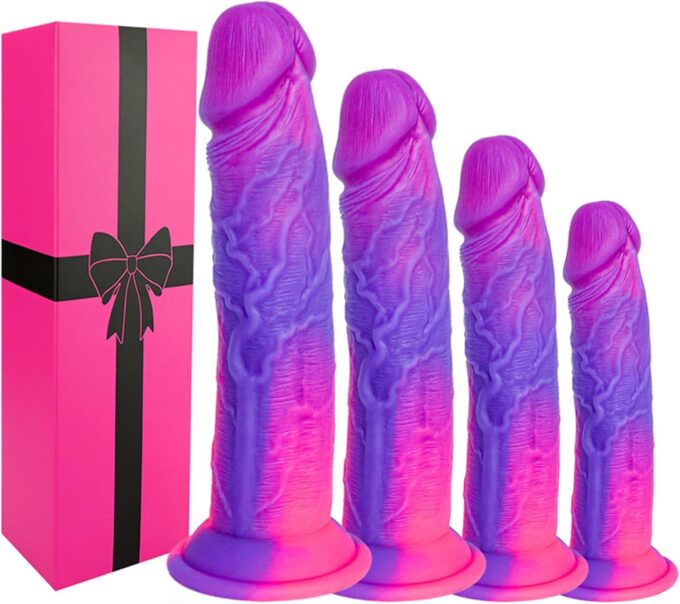 4 Größen Realistisches Soft Silikon Dildo Set (18 cm,21cm,23 cm,25cm), Butt-Plug-Trainer-Set, Fantasy Monster Long Anal Dildos dünn klein groß huge, Strap on Dildo Pink Purple mit saugnapf für frauen