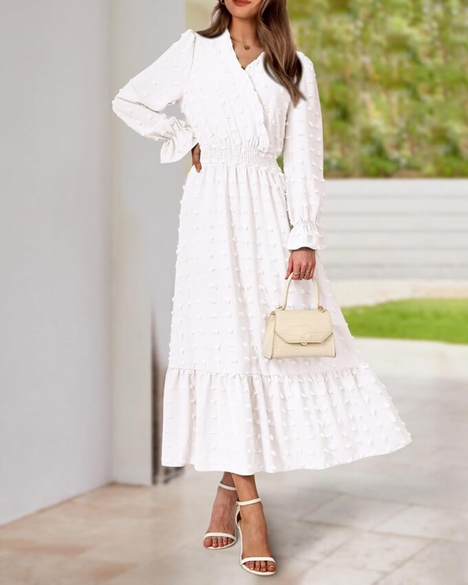 BTFBM Women Fall Maxi Dresses 2025 Long Sleeve V Neck Swiss Dots High Waisted A-Line Ruffle Boho Long Dress Vacation – Bild 7