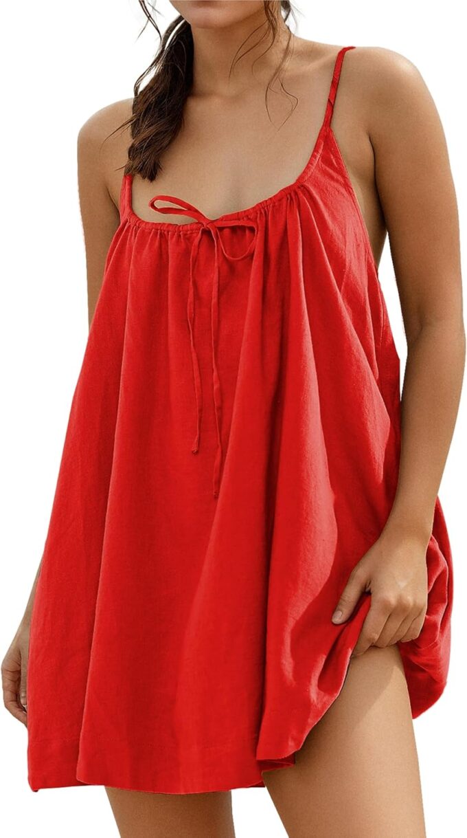 Womens Sundresses Mini Linen Beach Cover Up Tank Summer Casual Spaghetti Strap Sleeveless Dress with Pockets
