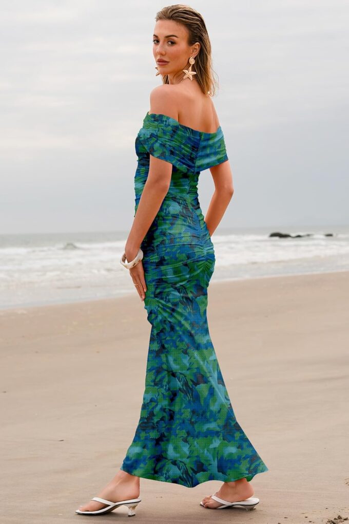 Women's Mesh Floral Maxi Dress 2025 Summer Off The Shoulder Ruched Bodycon Long Cocktail Party Fitted Dresses – Bild 4