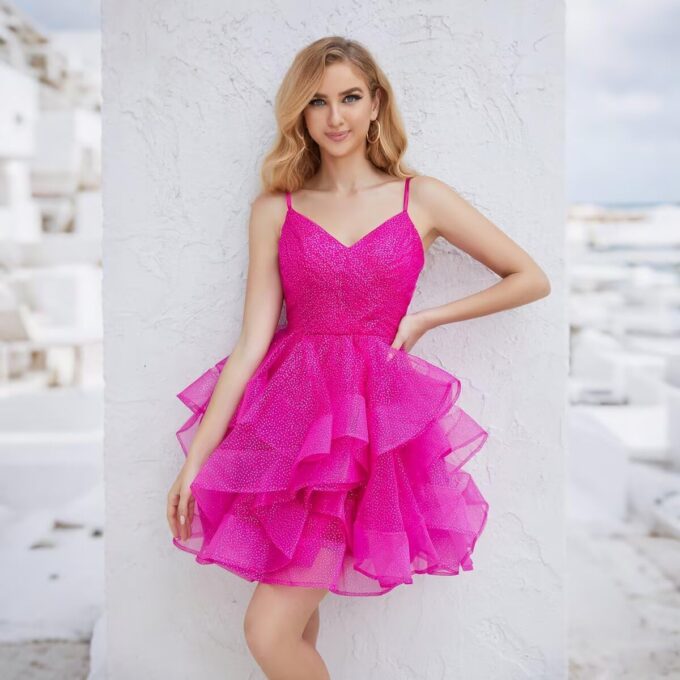 Glitter Tulle Homecoming Dresses for Teens 2025 Short Spaghetti Straps V Neck Tiered Prom Dress Ruffle Cocktail Gown – Bild 9