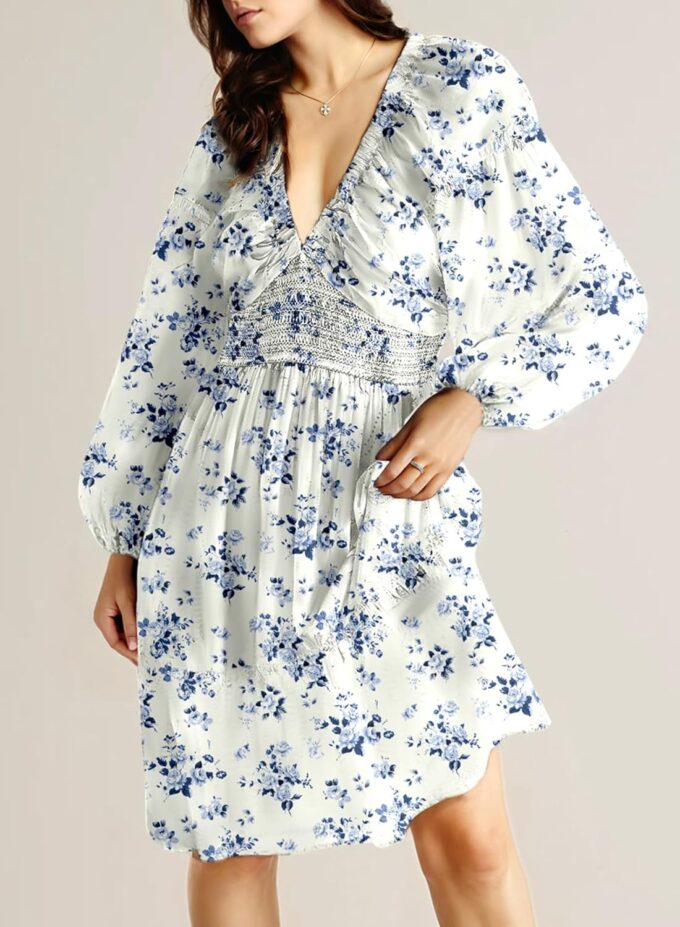 Dokotoo Womens Dresses 2025 Boho Floral V Neck Long Sleeve Smocked Elastic Waist Casual A-Line Swing Mini Dress Sundress – Bild 3
