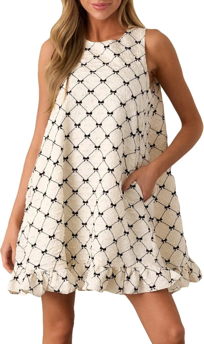 Women's Sleeveless Bow Mini Dress Crewneck Ruffle Hen Bow Print Cute Babydoll Dress