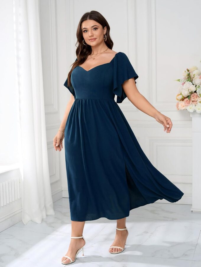 SCOMCHIC Women Plus Size Dresses Short Sleeve Sweetheart Neckline Wedding Guest Cocktail Smocked A Line Slit Maxi Dress – Bild 5