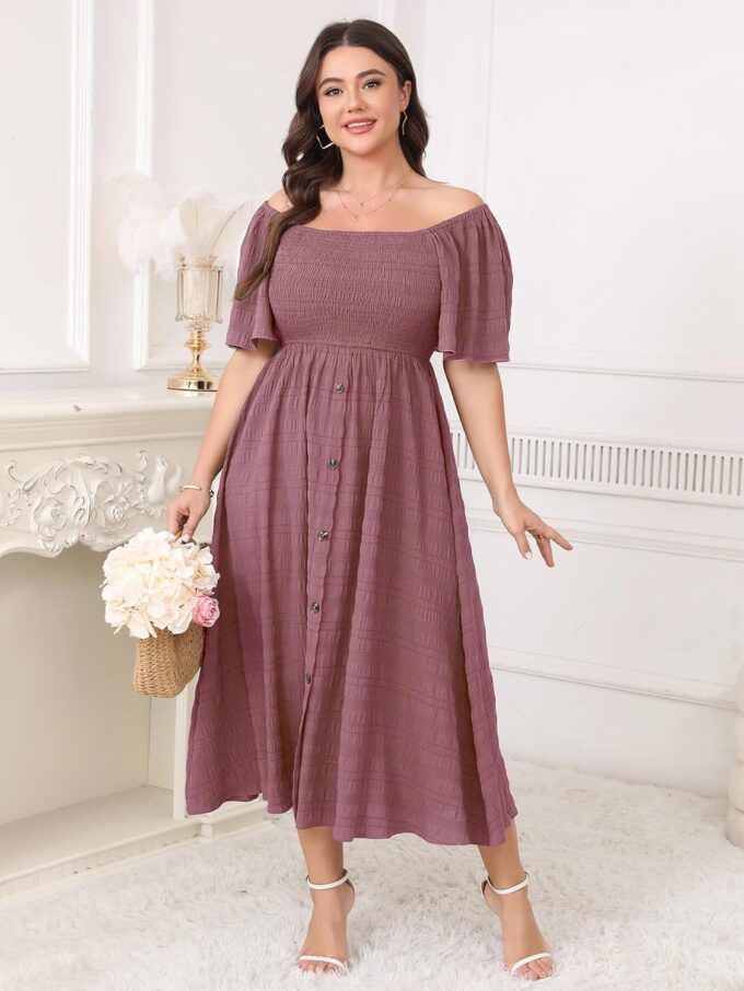 Womens Plus Size Maxi Boho Beach Sundress Short Sleeve Square Neck Smocked Button Down Flowy Casual Summer Dresses – Bild 4