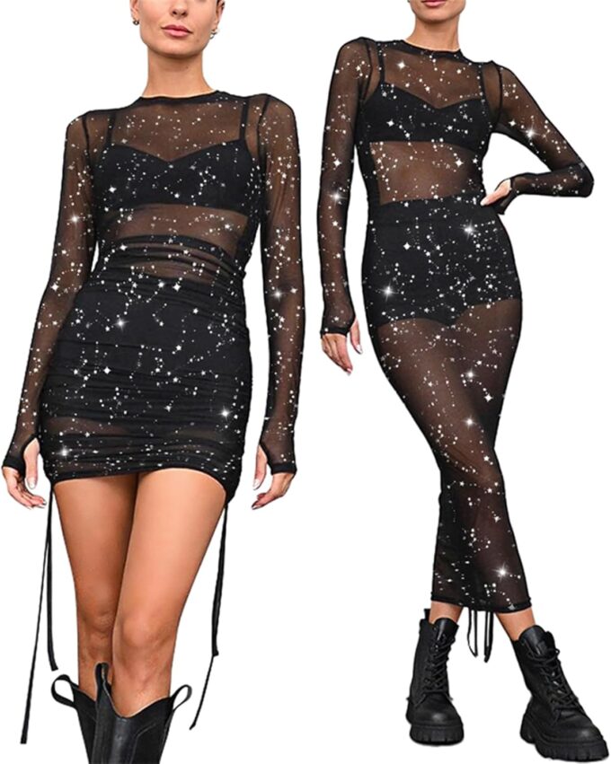 Womens Mesh Dress Ruched Glitter Long Sleeve Bodycon Sexy See Through Clubwear Rave Outfits