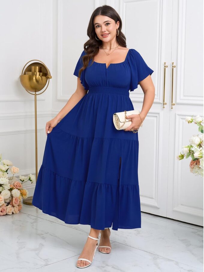 SCOMCHIC Womens Plus Size Maxi Dress Formal Short Sleeve Square Neck Smocked Side Split Flowy A Line Tiered Long Dress – Bild 7