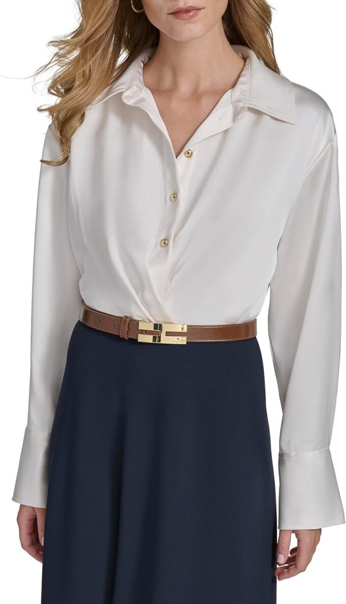 Halston Damen Long Sleeve Shirt Collared V-Neck Midi Dress Kleid – Bild 2