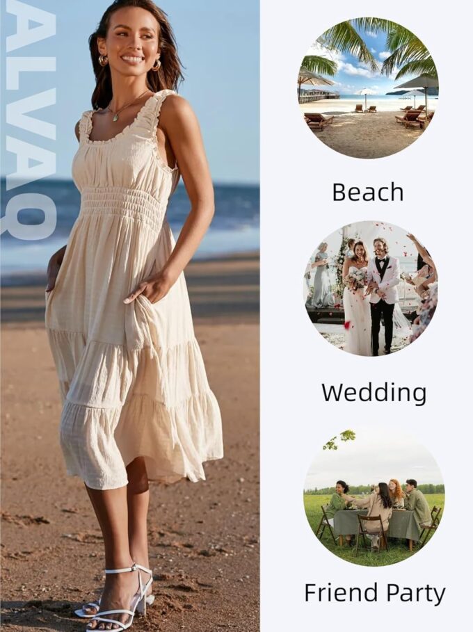 AlvaQ Women Summer Dresses Sleeveless Smocked Midi Dress High Waist Casual Tiered A Line Sundress with Pockets – Bild 5