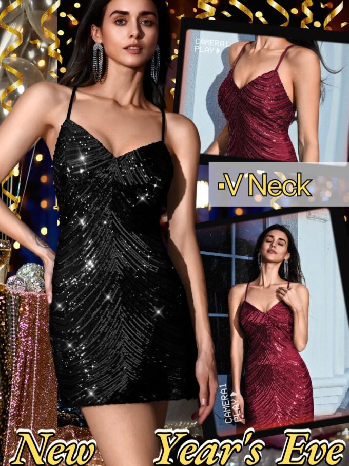 Kaei&Shi Sequin Mini Dress,V Neck Spaghetti Strap Sparkly Prom Dresses for Women,Sexy Birthday Outfit HOCO Cocktail Nye Party – Bild 4