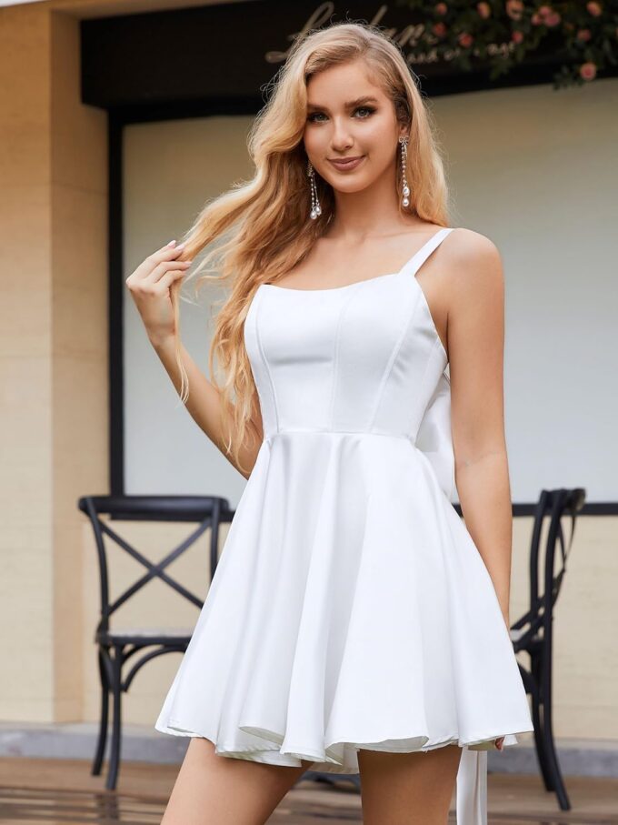Short Wedding Dress Satin with Bow Pockets Homecoming Prom Bride Gown – Bild 3