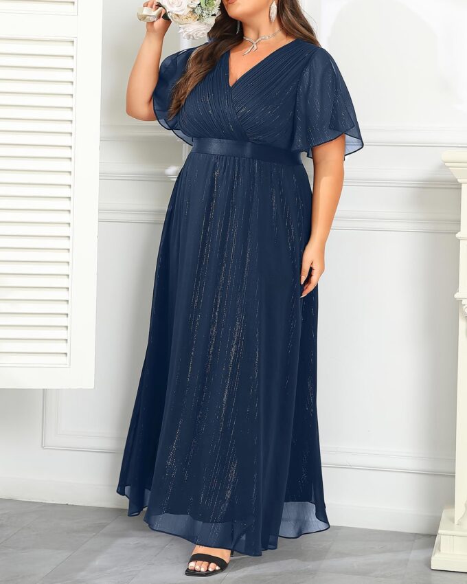 Plus Size Formal Dress - Chiffon V Neck Bridesmaid Wedding Guest Party Short Sleeve A-Line Floor Length Dresses – Bild 4