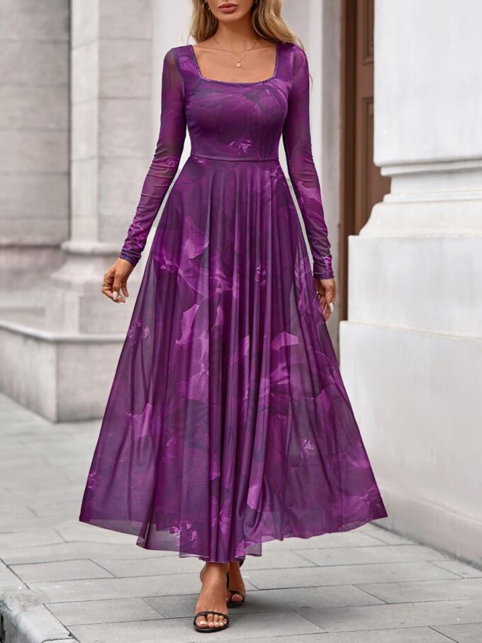 BTFBM Women Maxi Dress Fall 2025 Fashion Elegant Long Sleeve Square Neck Floral Print Party Club Wedding Guest Dresses – Bild 2