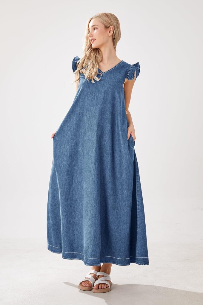 utcoco Womens Long Denim Dress Casual Loose Fit Ruffle Sleeveless V-Neck Jean Maxi Dresses for Women 2025 – Bild 4