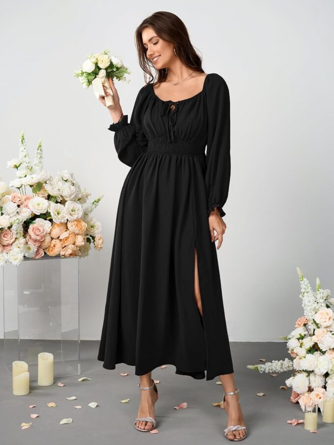 Women's Plus Size Dress Long Sleeve Smocked Dress Square Neck Tie Front Split A-Line Maxi Long Dresses – Bild 2