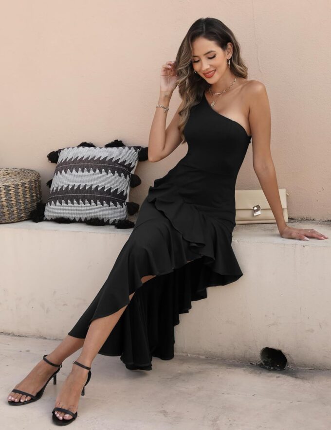 Women's One Shoulder Dress Sleeveless Midi Dresses Asymmetric Ruffle Bodycon Cocktail Party Dress(Black,L) – Bild 7