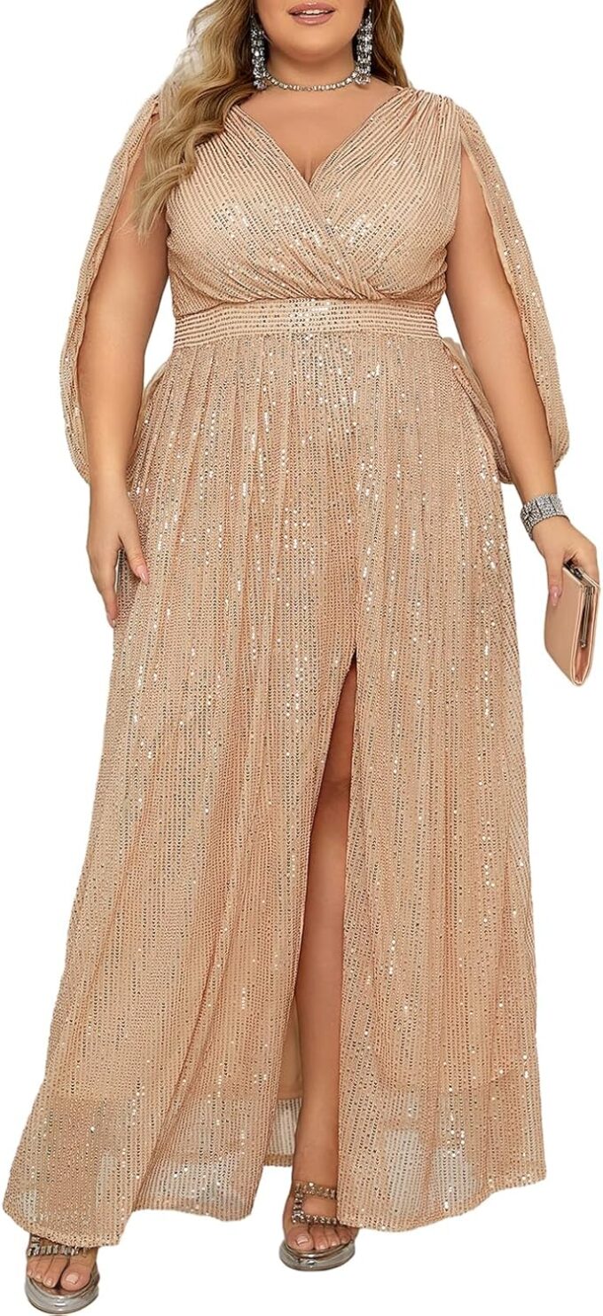 Madam Uniq Women Plus Size Sequin Dress Ribbon Sleeve V Neck Maxi Cocktail 1920s Evening Gown Wedding Guest Dresses