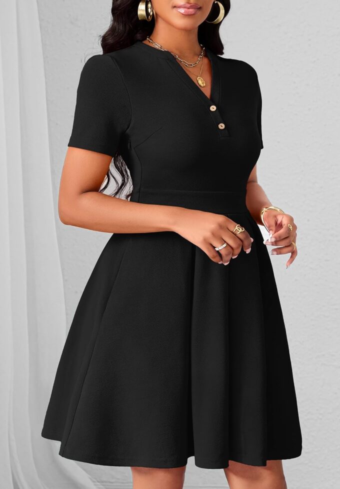 MarryUP Damen-Kleid, kurzärmelig, V-Ausschnitt, lässig, semi-formell, A-Linie, Arbeitskleid, Hochzeitsgäste, Cocktailkleider mit Taschen – Bild 4