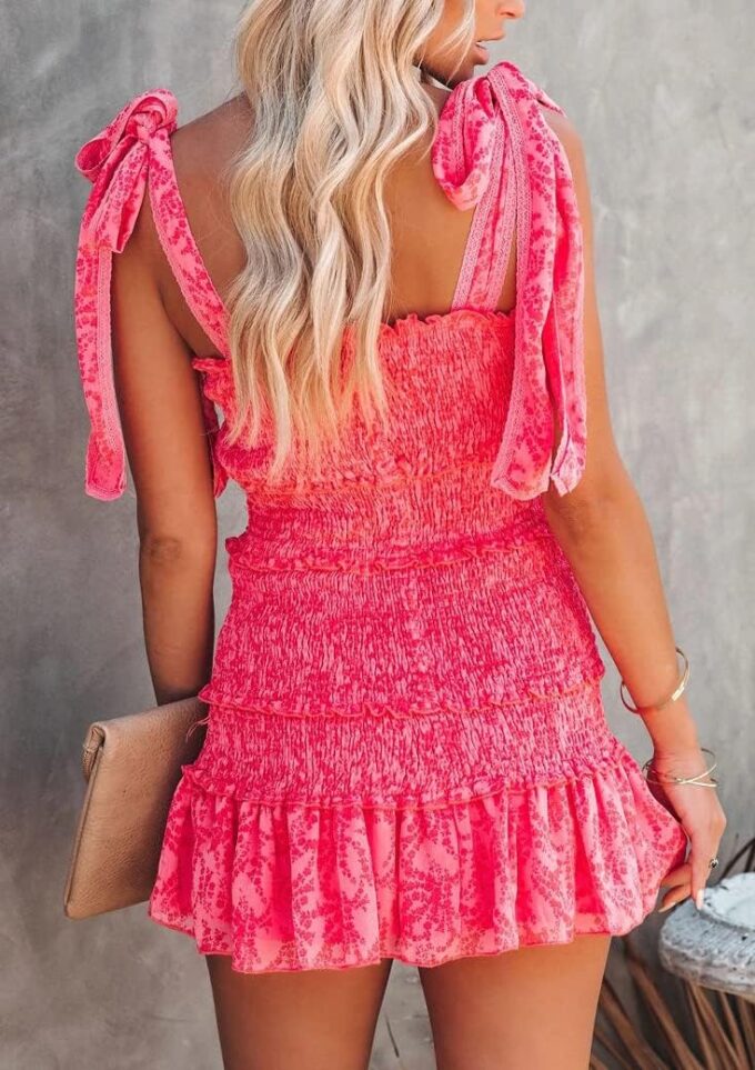 Hotmiss Womens Ruffle Smocked Mini Dress Sleeveless Floral Print Summer Tiered Tie Slim Fit Short Dresses – Bild 2