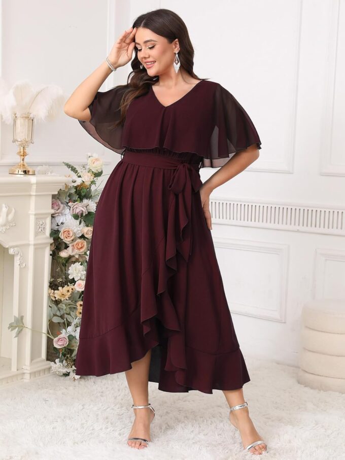 Women Plus Size Long Formal Dress Short Sleeve Chiffon Ruffle V Neck High Low Split Wedding Guest Maxi Dresses – Bild 6