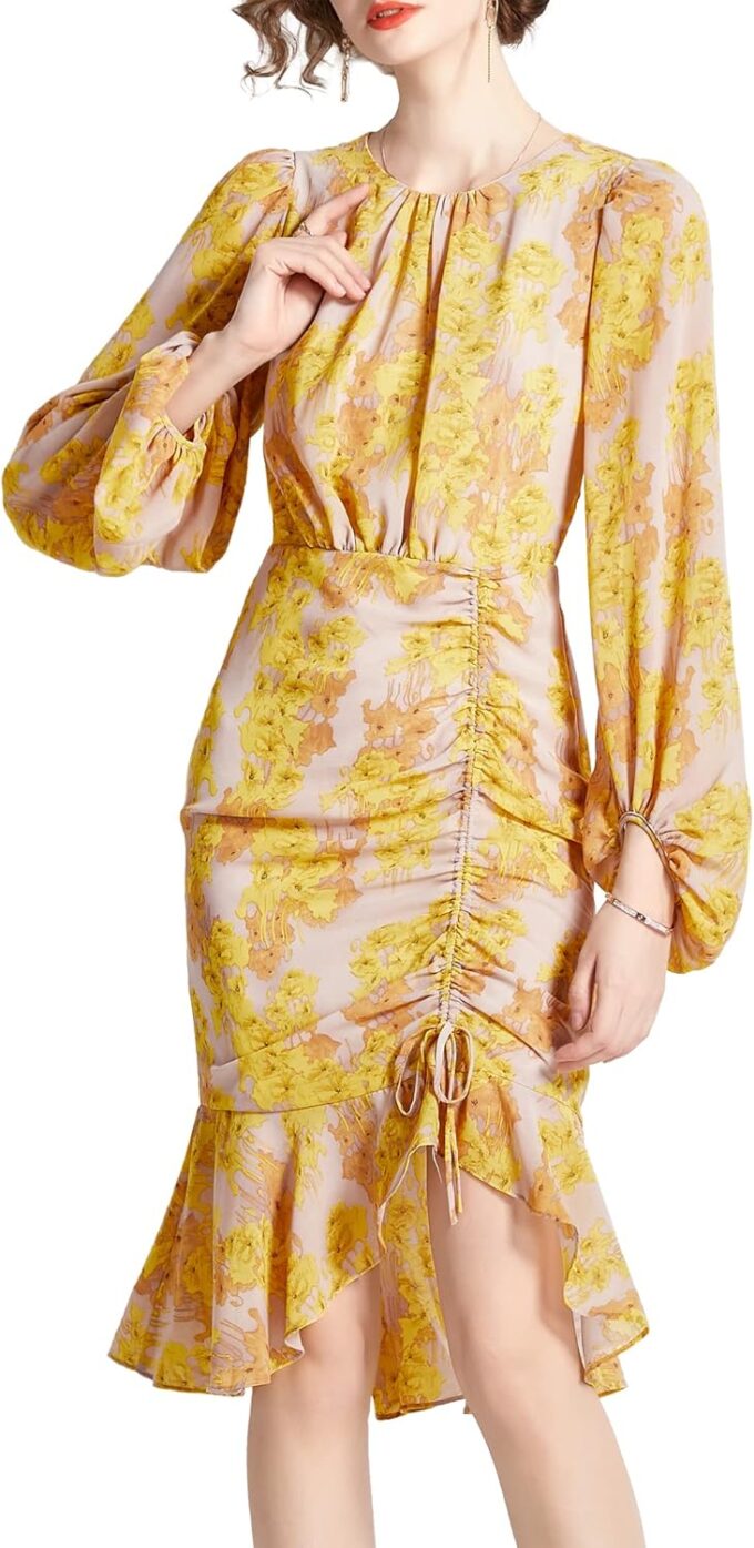 Shineflow Women's Cocktail Dress Floral Lantern Long Sleeve Crewneck Drawstring Ruched Fishtail Ruffle Hem Mini Dresses – Bild 5