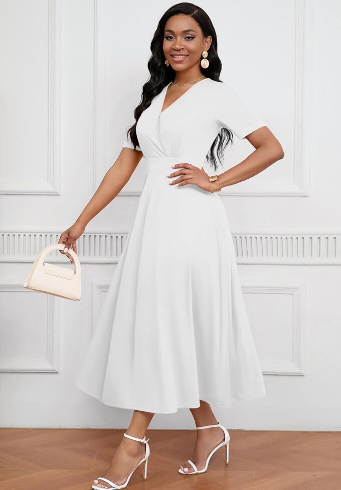 Womens Midi Dresses V Neck Cocktail Church Tea Dresses Short Sleeve A-Line Swing Dresses – Bild 3