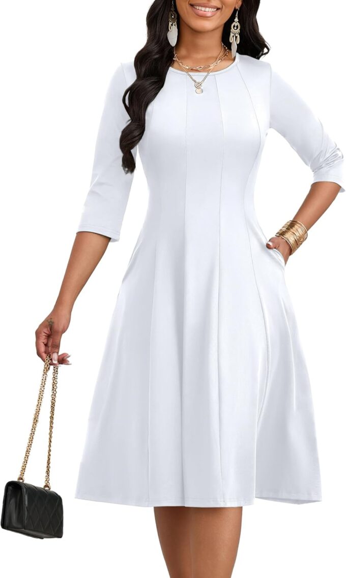 CLOCOR Casual Midi Dresses for Women A-Line Fit and Flare Elegant Church 3/4 Sleeve Crew Neck Dress with Pocket
