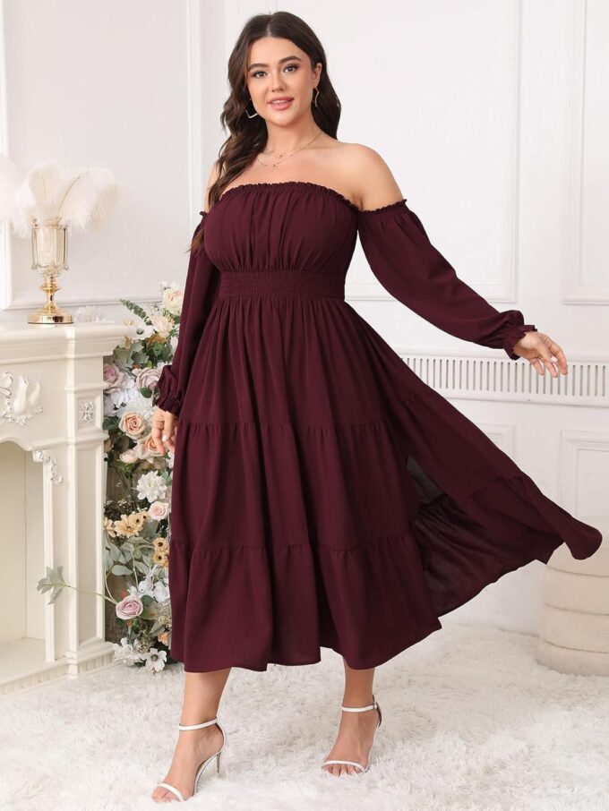 Women's Plus Size Maxi Dress Boho Off Shoulder Long Sleeve Smocked High Waist Side Split Flowy A Line Tiered Summer Dress – Bild 6