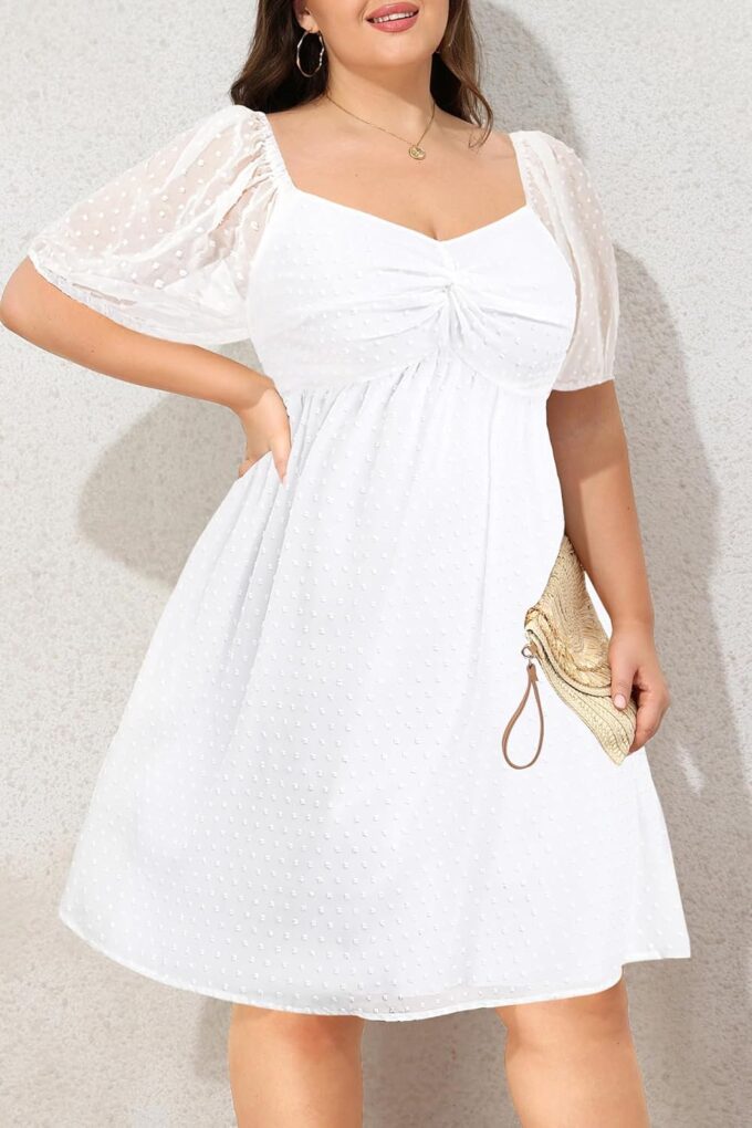 Plus Size Graduation Dress - Summer Swiss Dot Sweetheart Neckline Short Sundress Puff Sleeve Cute Flowy Chiffon Dresses – Bild 2