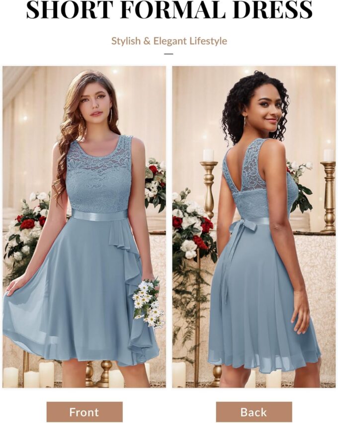 BeryLove Women's Cocktail Dresses Prom Wedding Guest Short Bridesmaid Dresses Ruffle Hem Sleeveless Lace Formal Dress – Bild 2