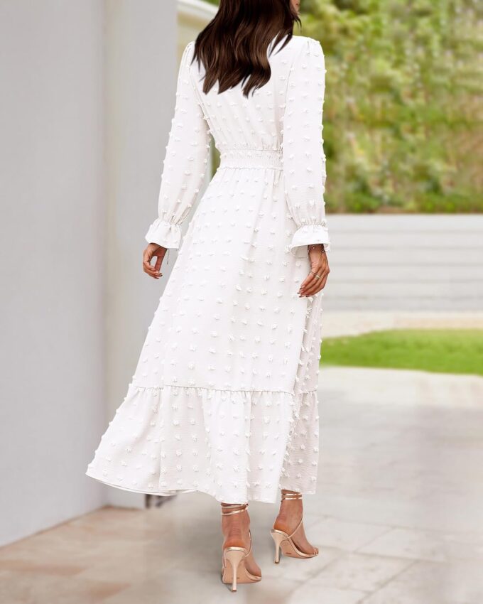 BTFBM Women Fall Maxi Dresses 2025 Long Sleeve V Neck Swiss Dots High Waisted A-Line Ruffle Boho Long Dress Vacation – Bild 6