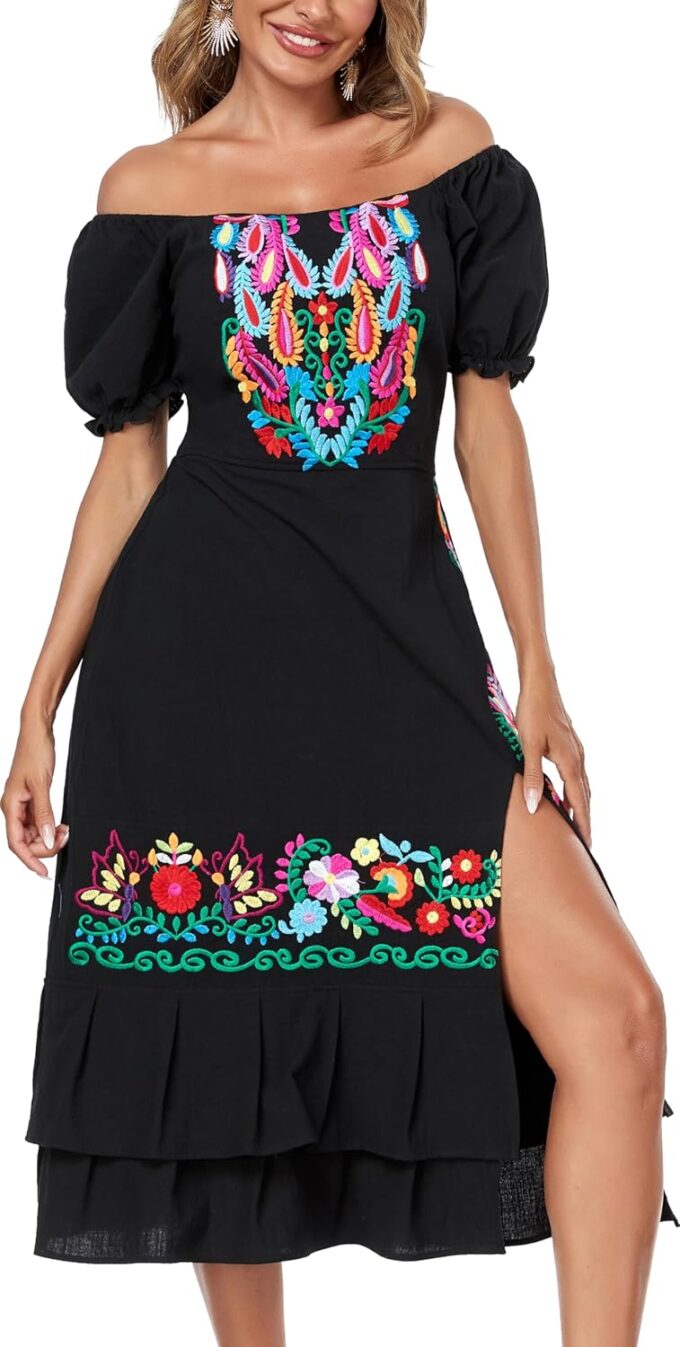 YZXDORWJ Women's Mexican Dress Boho Embroidered Sexy Ruffle Maxi Dress Short Sleeve Summer Beach Swing Wedding Party Dresses – Bild 4