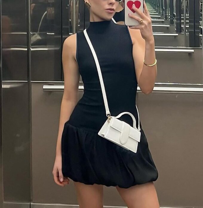 Ekaliy Bubble Dress for Women Sexy Sleeveless Mock Neck Knit Open Back Mini Dress Bodycon Y2k Party Club Short Dress – Bild 4