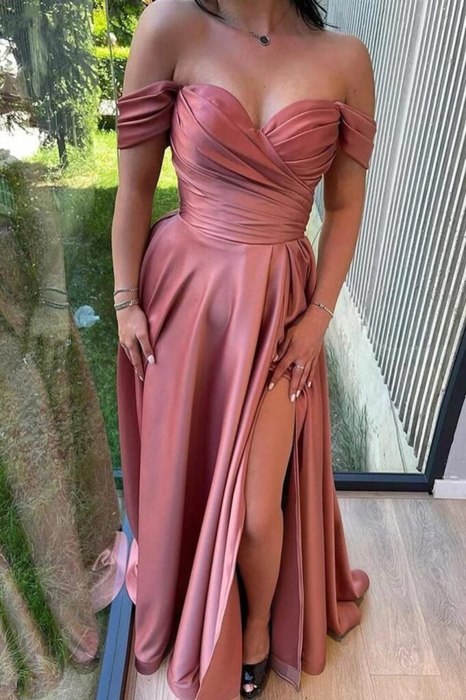 Raseal Off The Shoulder Bridesmaid Dresses A Line Split Satin Party Dress for Women RS018 – Bild 2