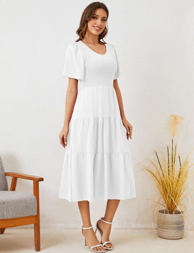 MIDNIGHTSUN Women's Smocked Midi Dress V Neck Flutter Short Sleeve Summer Tiered Dress – Bild 3
