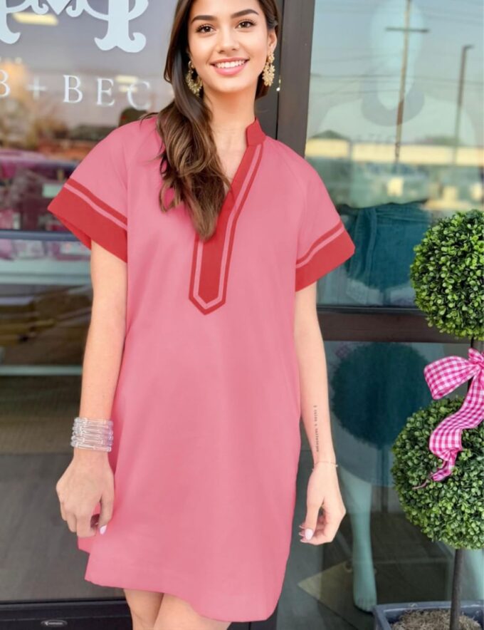 QIBABU Linen Dress for Women V Neck Color Block Summer Short Sleeve A-Line Mini Dress with Pockets – Bild 4