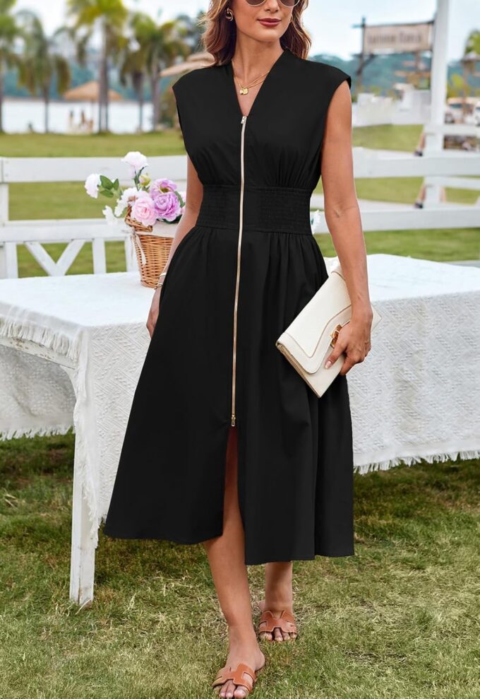 GRACE KARIN Damen-Sommerkleid, V-Ausschnitt, Flügelärmel, Reißverschluss vorne, fließendes Midikleid mit Taschen – Bild 2