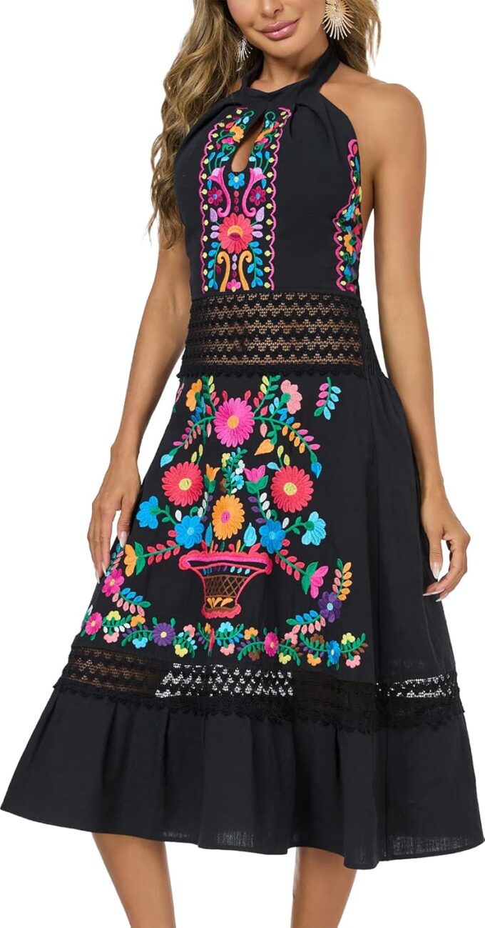 Mexican Dress Embroidered Casual Halter Off Shoulder Maxi Cocktail Dresses Sexy Dress for Women Date Night – Bild 2