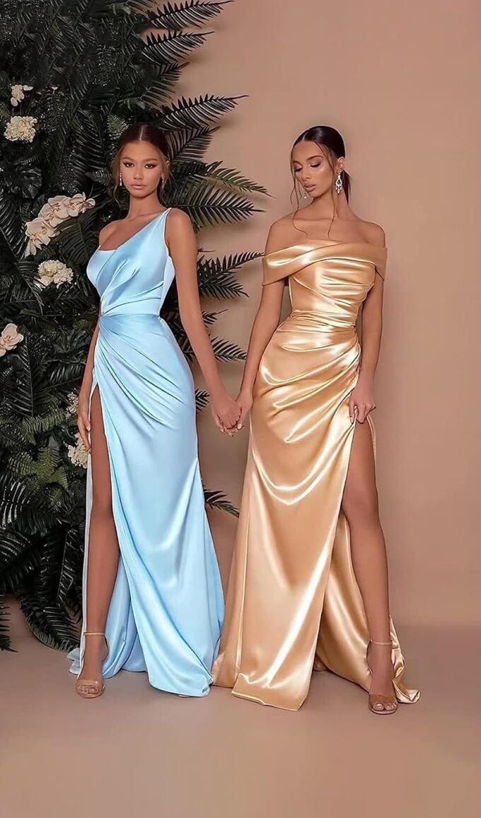 Long Prom Dress with Slit One Shoulder Mermaid Bridesmaid Dresses for Women Formal Evening Gown – Bild 3